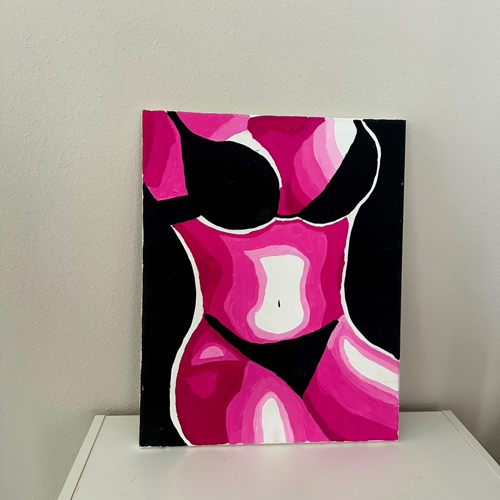Pink and black hand-painted canvas art with a modern, minimalist vibe